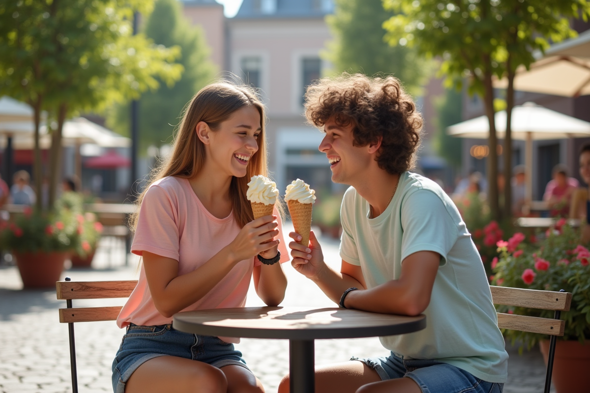Adolescents riant avec des glaces en terrasse urbaine