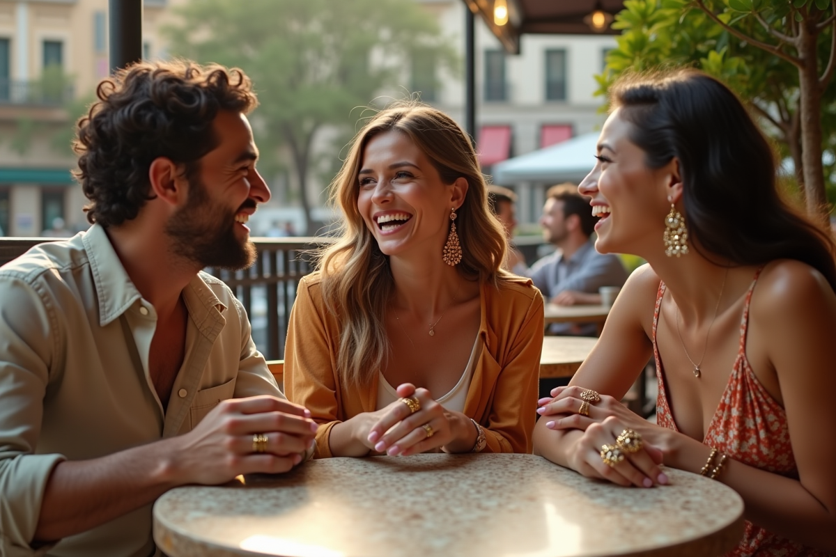 Trois amis portant bijoux modernes discutant au café en plein air