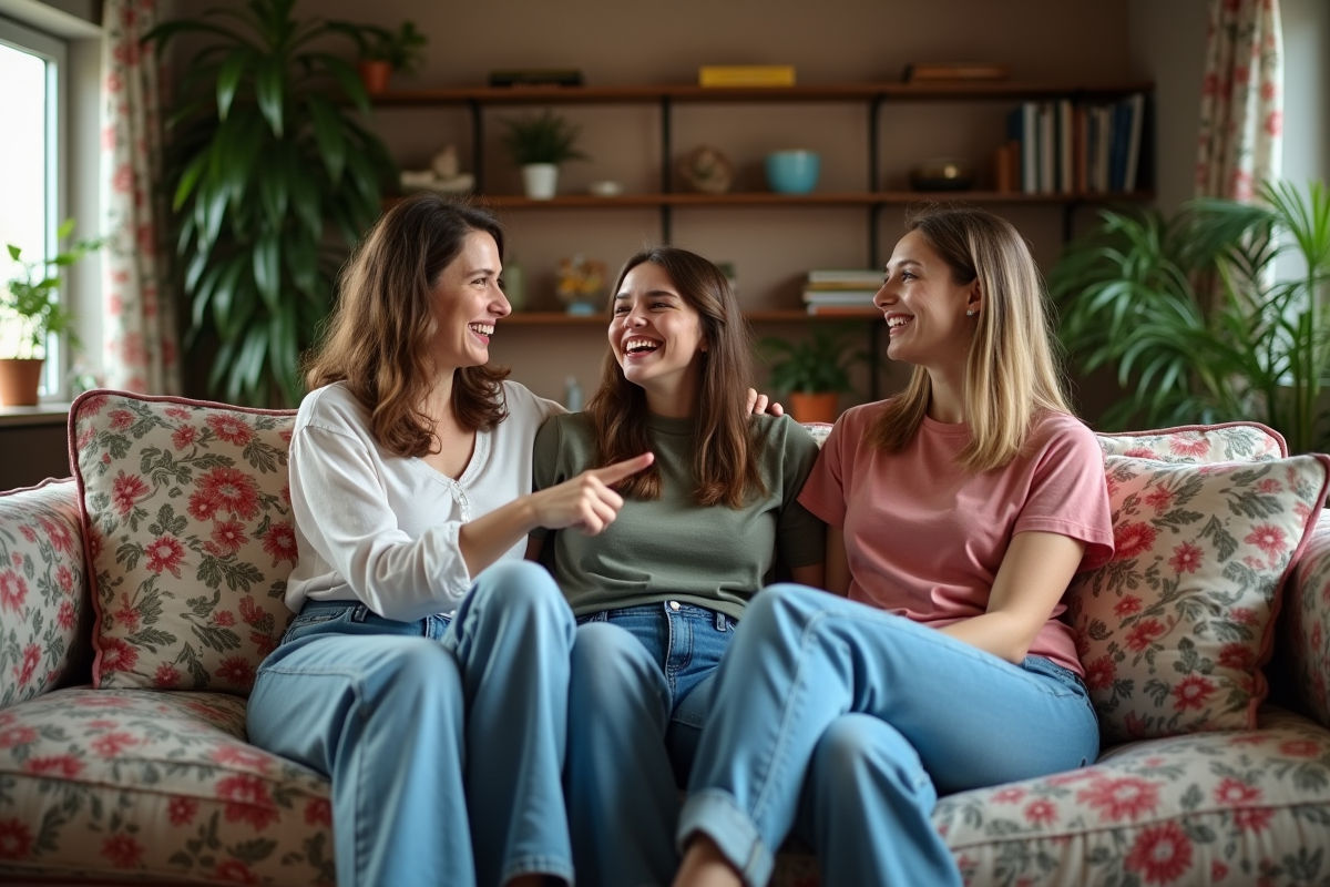 Trois amis en jeans vintage assis sur un sofa rétro