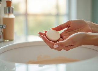 Fond de teint hydratant : base et ordre idéal pour appliquer Main d'une femme appliquant fond de teint hydratant avec éponge sur comptoir lumineux