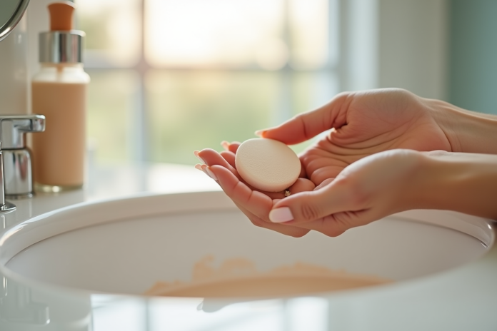 Main d'une femme appliquant fond de teint hydratant avec éponge sur comptoir lumineux