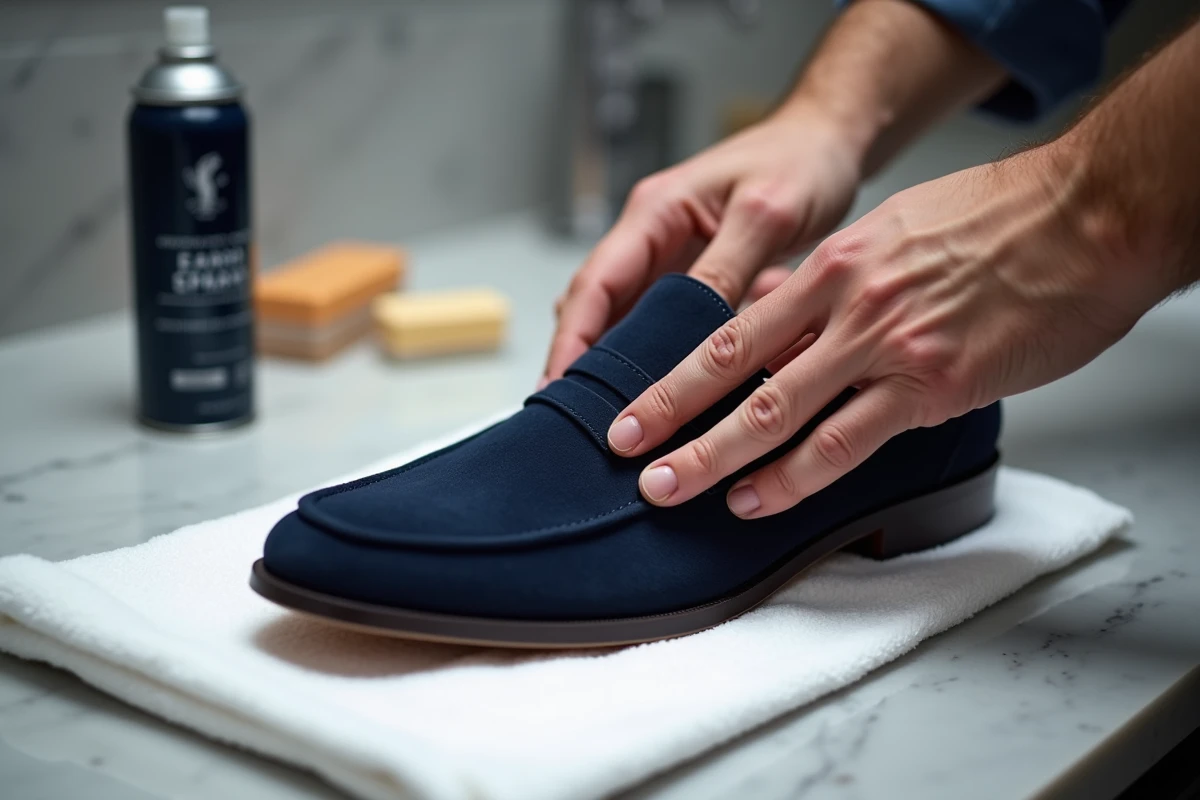 Gros plan sur des mains appliquant un spray imperméabilisant sur un mocassin en daim bleu marine