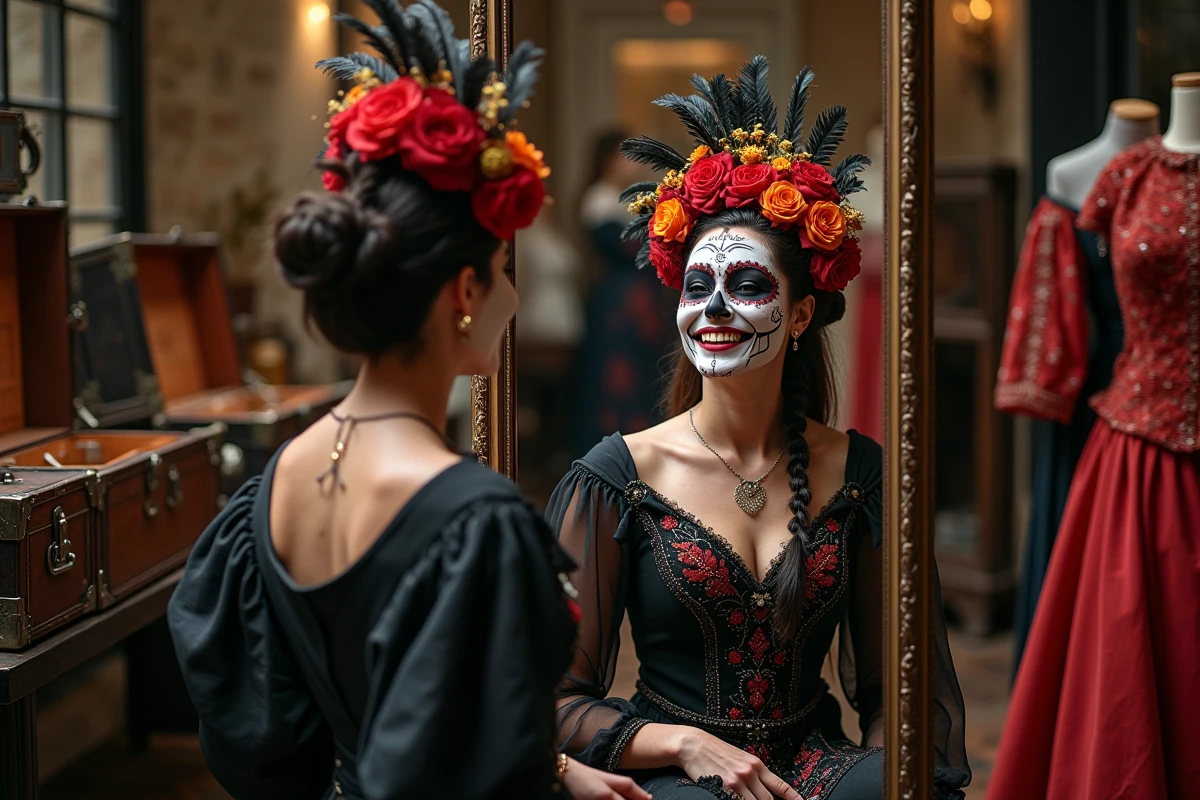 Deux femmes adultes essayant des accessoires de déguisement Halloween dans un atelier de costumes parisien