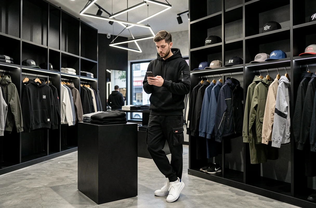 Intérieur épuré de l'Aura Store avec vêtements streetwear premium et client en tenue urbaine all-black