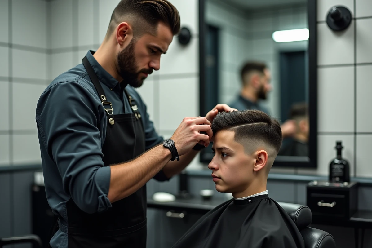 Barbier professionnel en train de réaliser une coupe casquette avec dégradé haut sur un client dans un salon moderne