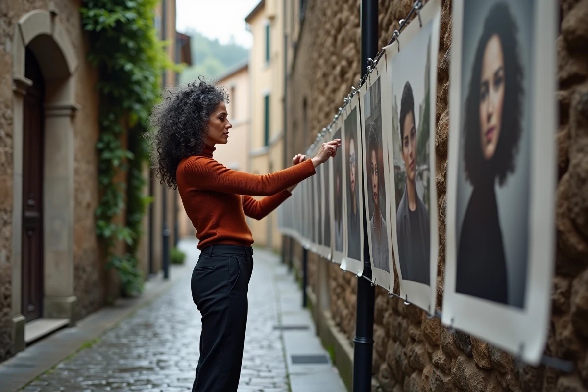 Femme accrochant des photographies sur une installation extérieure dans une ruelle pavée européenne lors d'une exposition rétrospective