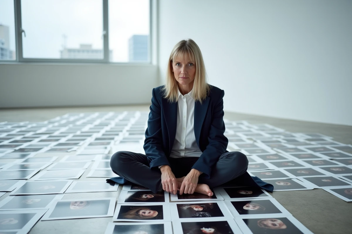 Femme assise au sol d'une galerie d'art minimaliste entourée de photographies disposées en rangées évoquant une biographie visuelle