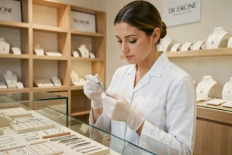 Bijoutière professionnelle avec gants en nitrile tenant un clou d'oreille en argent dans une boutique de bijouterie hygiénique