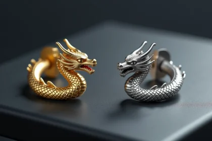 Comparaison côte à côte d'une boucle d'oreille Dragon Ball en or jaune et en acier inoxydable sur présentoir bijoux