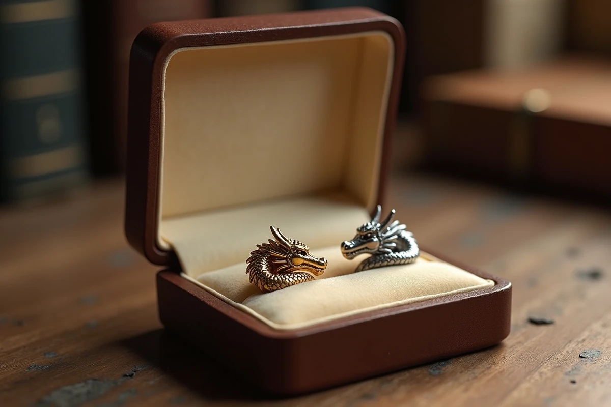 Boucles d'oreilles Dragon Ball en or et en acier présentées dans un écrin de bijoux ouvert sur bureau en bois