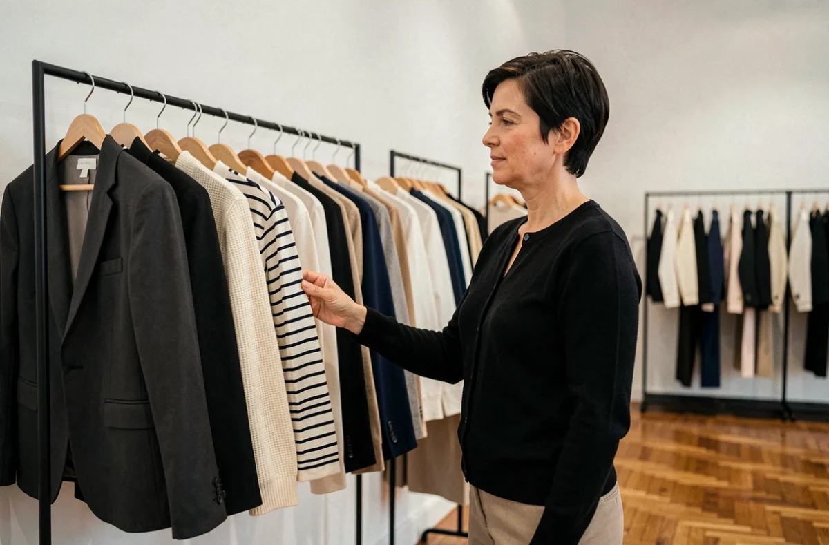 Intérieur minimaliste d'une boutique Agnès b. avec une femme élégante feuilletant des vêtements sur un portant