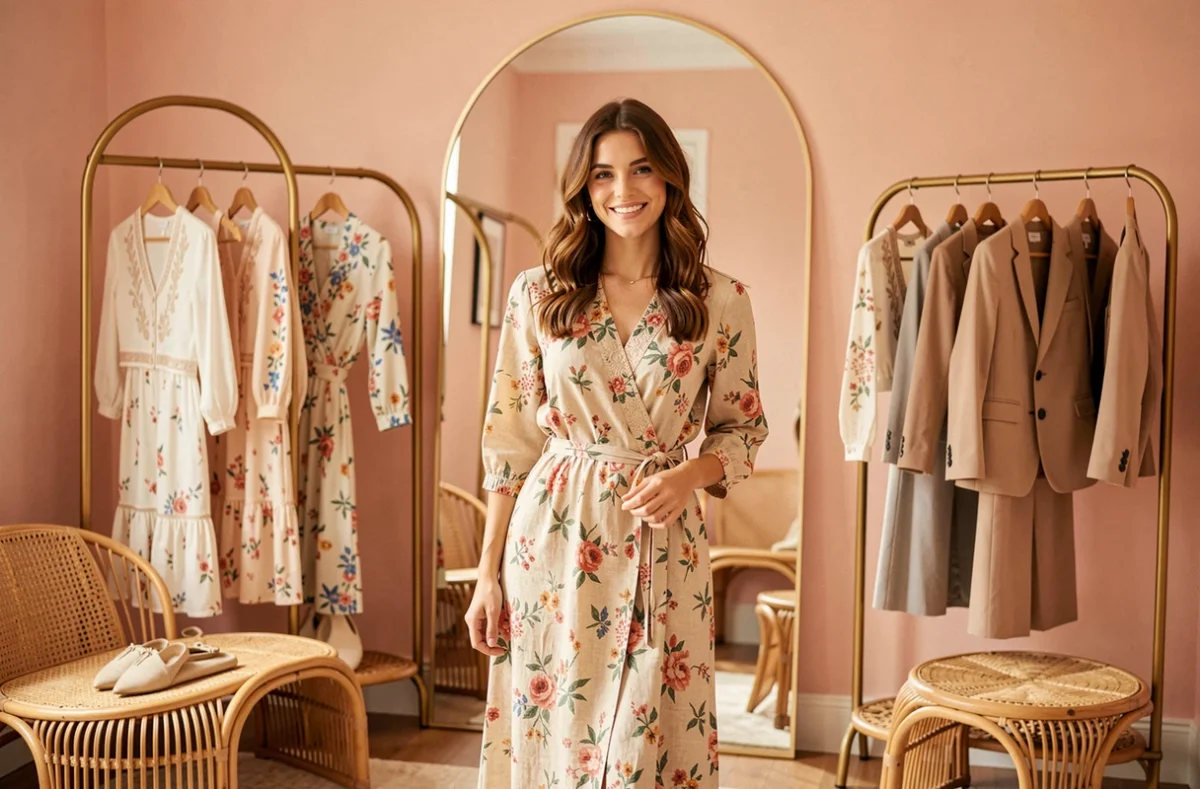 Jeune femme essayant une robe fleurie dans une boutique Ba&sh au décor rose et doré