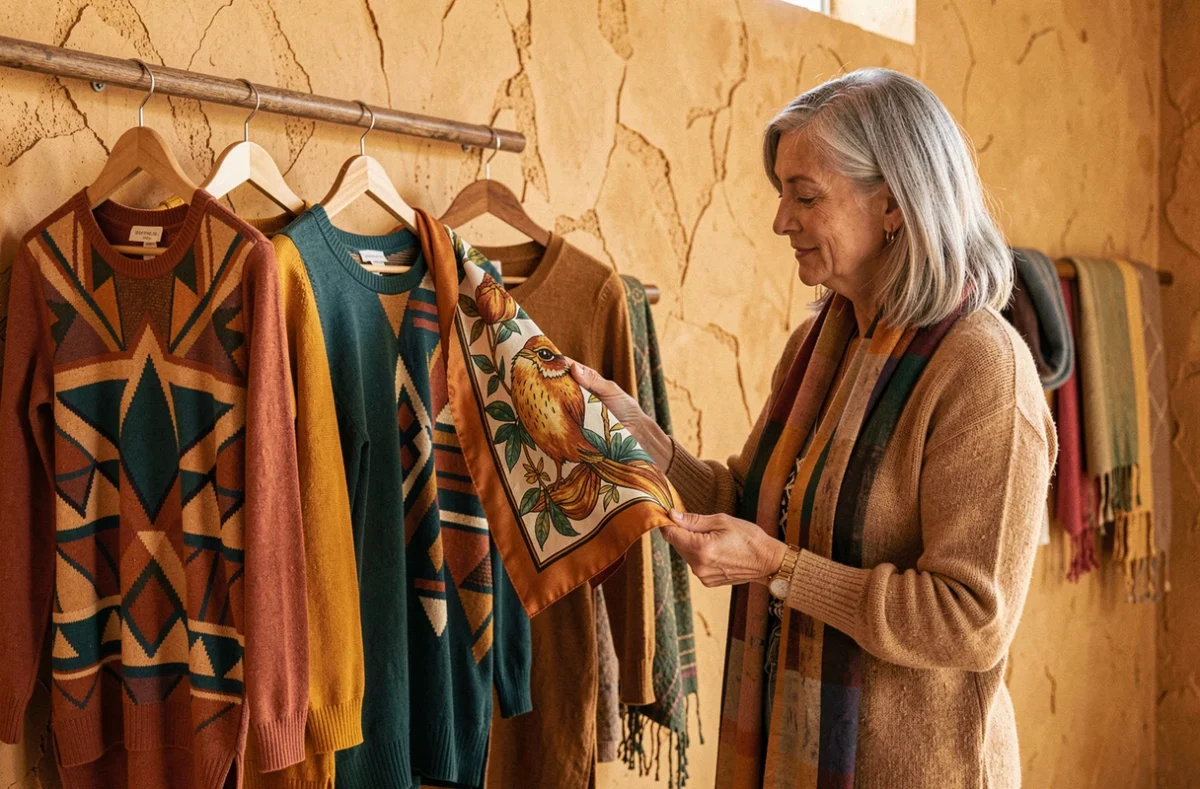 Femme admirant un foulard en soie coloré dans la boutique Chacok aux murs ocre et aux vêtements graphiques