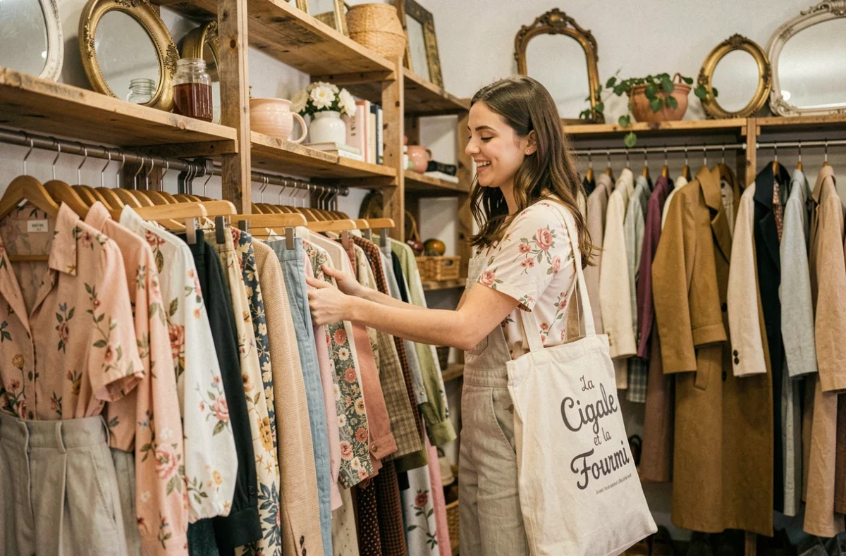 Jeune femme fouillant avec enthousiasme des vêtements vintage dans la boutique La Cigale et la Fourmi à Toulouse