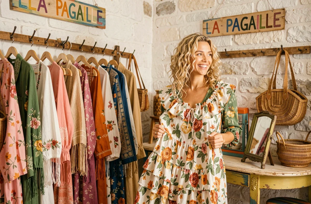 Femme souriante tenant une robe fleurie à volants dans la boutique bohème et colorée La Pagaille à Toulouse
