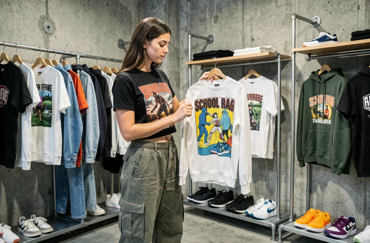 Jeune femme inspectant un sweat graphique dans la boutique School Rag au décor industriel et urbain à Toulouse