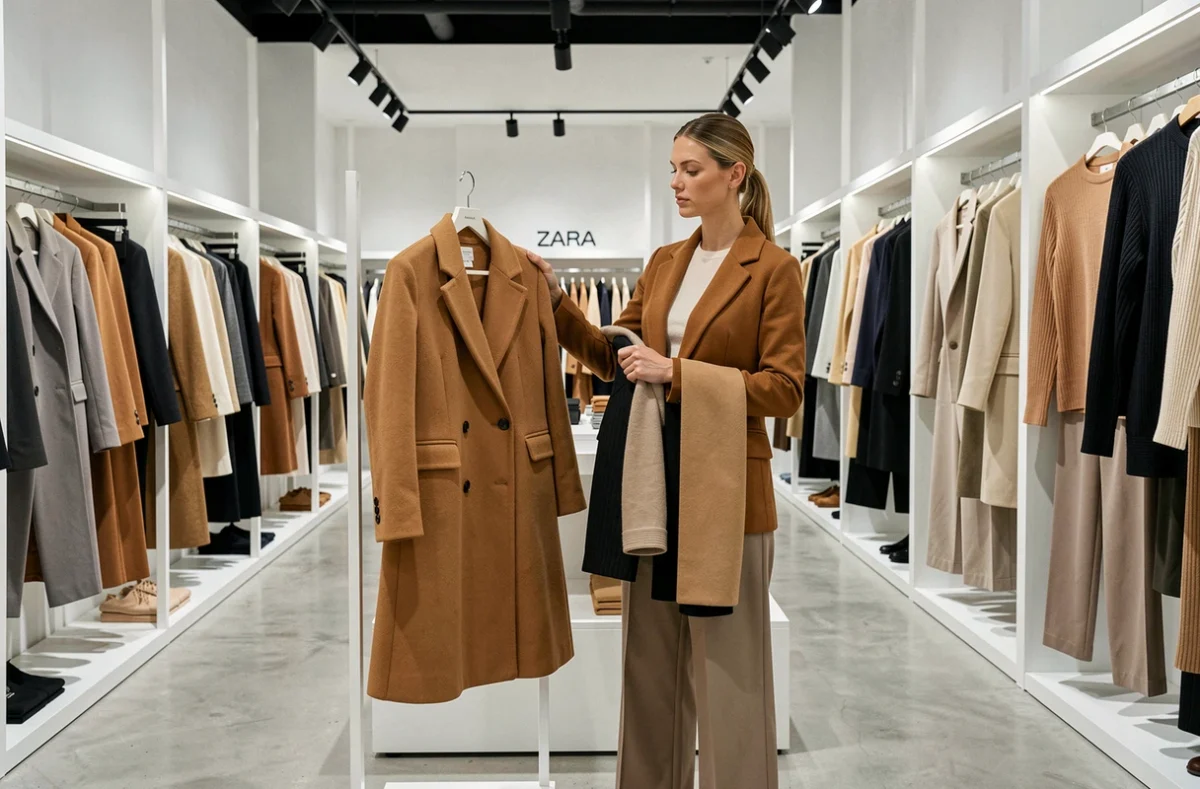 Femme élégante examinant un manteau camel dans un grand espace commercial Zara au sol en béton poli