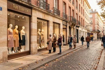 Rue commerçante animée de Toulouse avec des boutiques de prêt-à-porter féminin et des passantes élégantes
