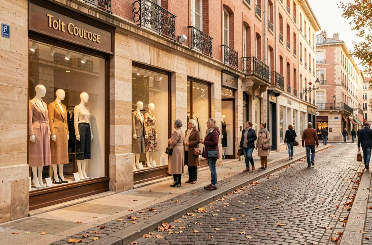 Rue commerçante animée de Toulouse avec des boutiques de prêt-à-porter féminin et des passantes élégantes