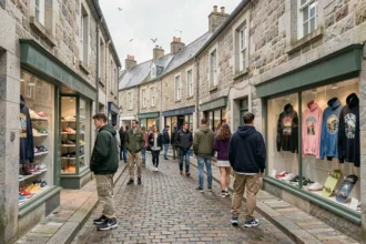 Rue commerçante bretonne avec vitrines de boutiques streetwear, jeunes en tenues urbaines sur pavés en granit