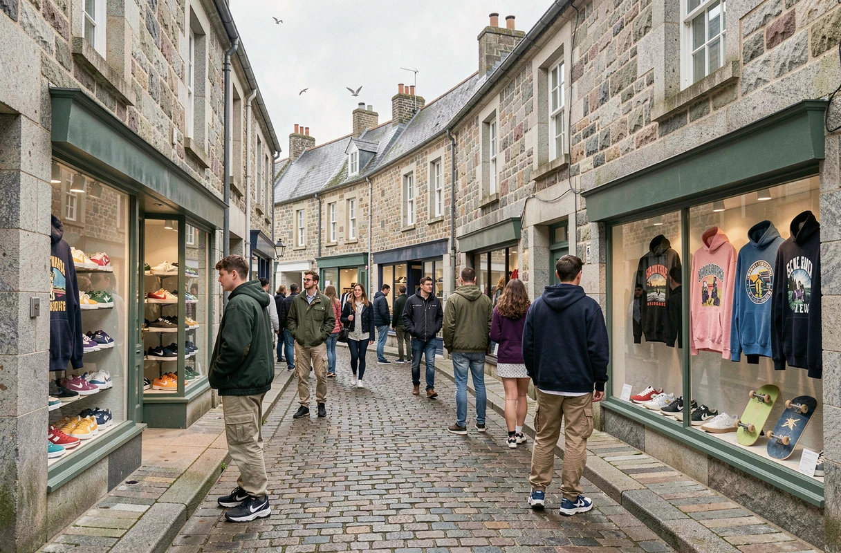 Rue commerçante bretonne avec vitrines de boutiques streetwear, jeunes en tenues urbaines sur pavés en granit