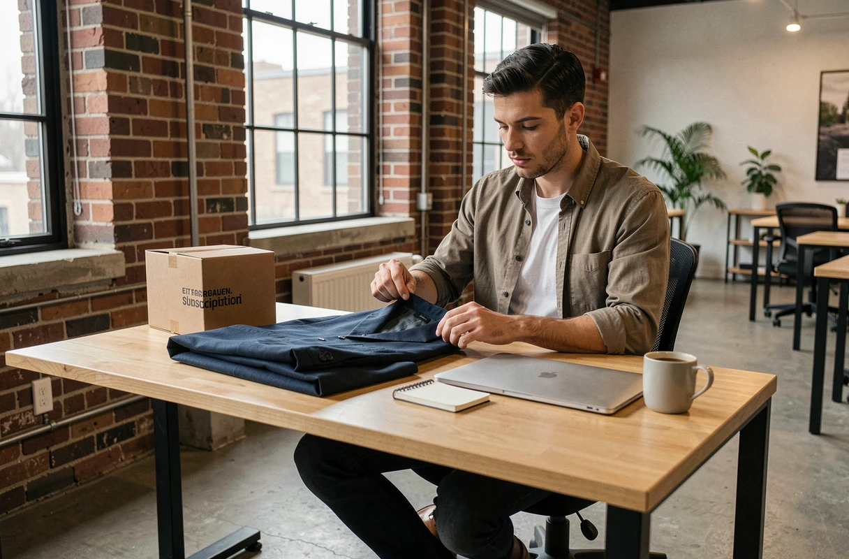 Homme tendance inspectant un blazer reçu dans une box mode dans un espace de coworking industriel