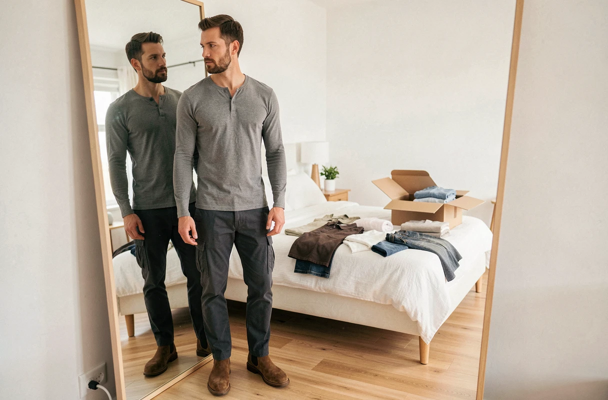 Homme barbu s'observant dans un miroir entouré de vêtements issus de sa box mode mensuelle dans une chambre lumineuse