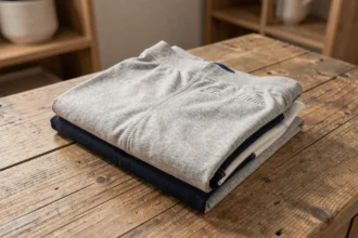 Boxers en coton personnalisés avec initiales brodées soigneusement pliés sur un meuble en bois