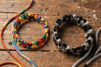 Comparaison d'un bracelet en cordelette et d'un bracelet en paracorde posés côte à côte sur une table en bois