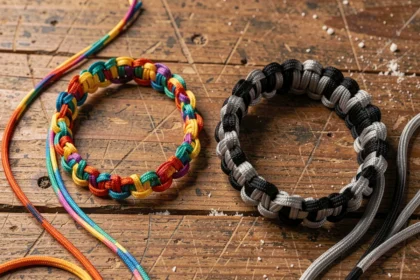 Comparaison d'un bracelet en cordelette et d'un bracelet en paracorde posés côte à côte sur une table en bois