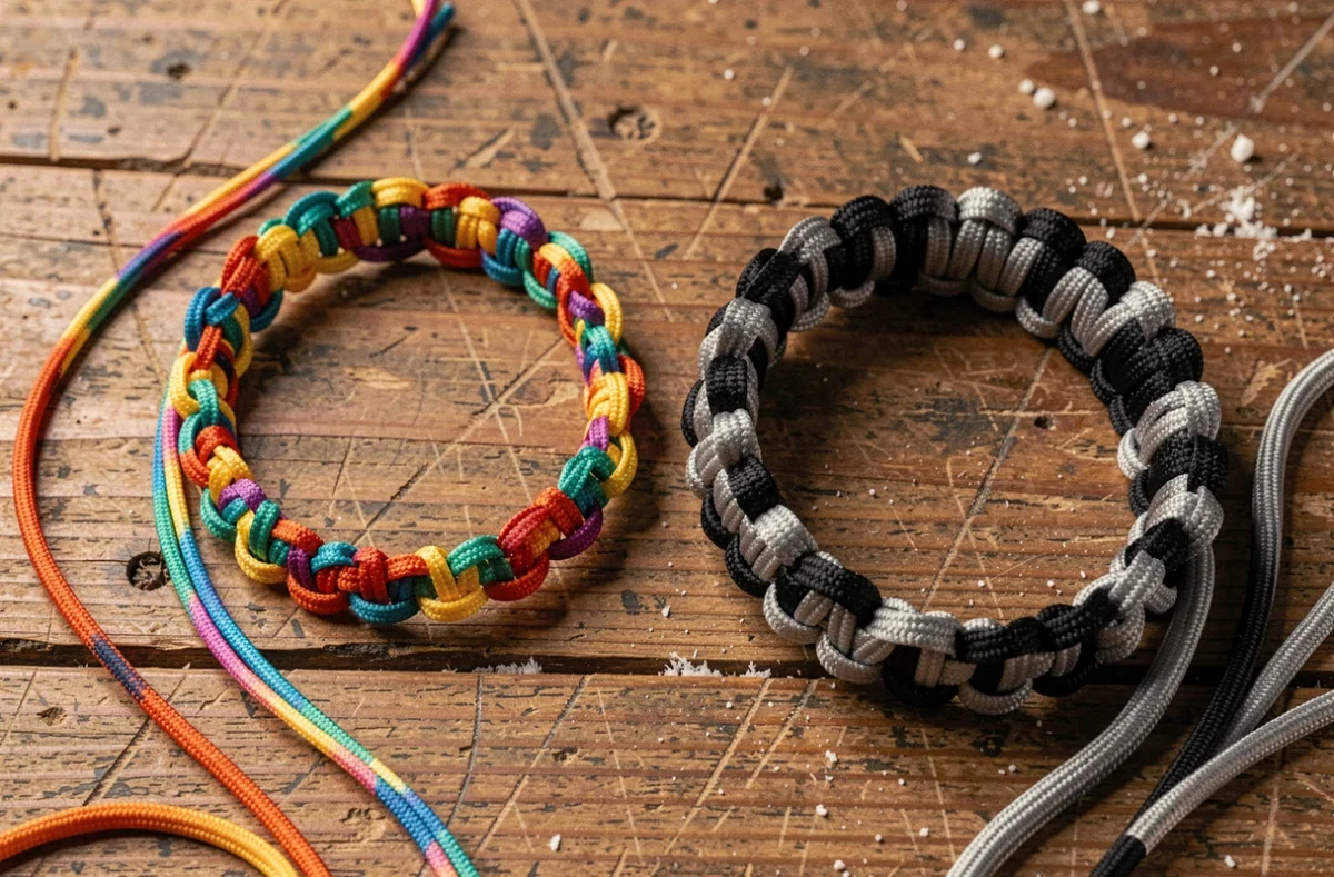 Comparaison d'un bracelet en cordelette et d'un bracelet en paracorde posés côte à côte sur une table en bois