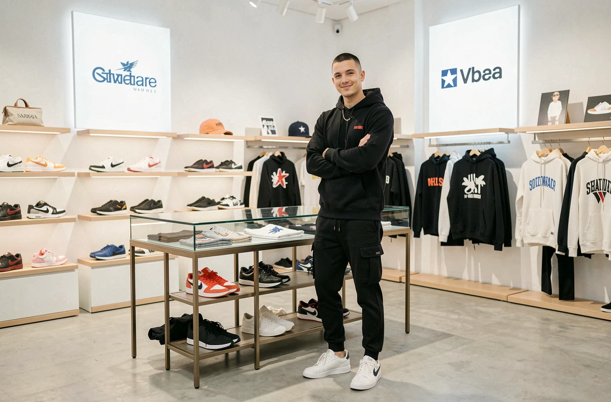Concept store BRNDS avec marques streetwear premium, sneakers exposées et client en tenue urbaine soignée