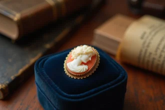 Camée ancien en coquille sculpté avec cadre en or posé dans un écrin en velours marine, sur un bureau en bois entouré de vieux livres, pour illustrer l'estimation d'un bijou de famille