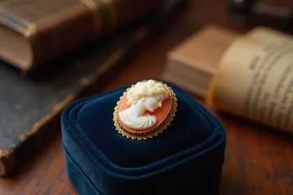 Camée ancien en coquille sculpté avec cadre en or posé dans un écrin en velours marine, sur un bureau en bois entouré de vieux livres, pour illustrer l'estimation d'un bijou de famille