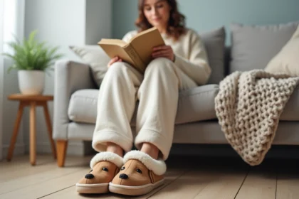 Femme portant des chaussons teckel fourrés sur un canapé en lin gris dans un salon scandinave chaleureux