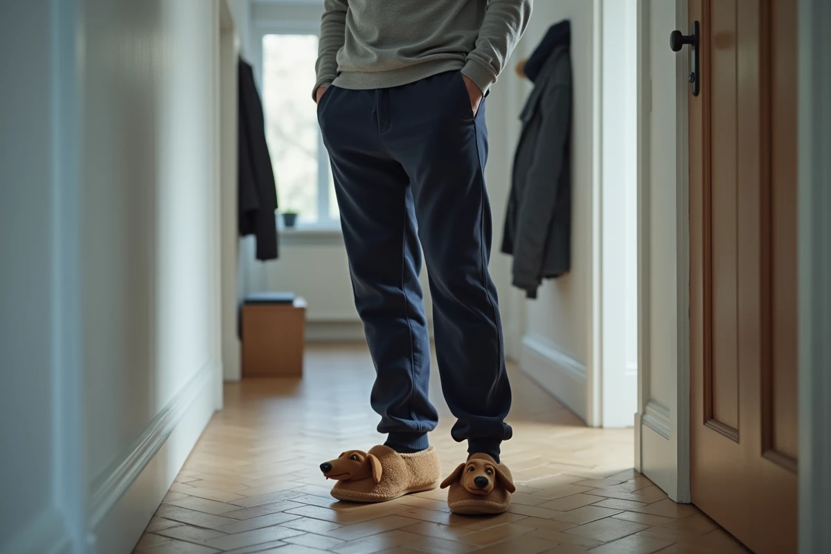 Homme en chaussons teckel fourrés dans un couloir intérieur, vue de profil sur les pieds et le bas du corps
