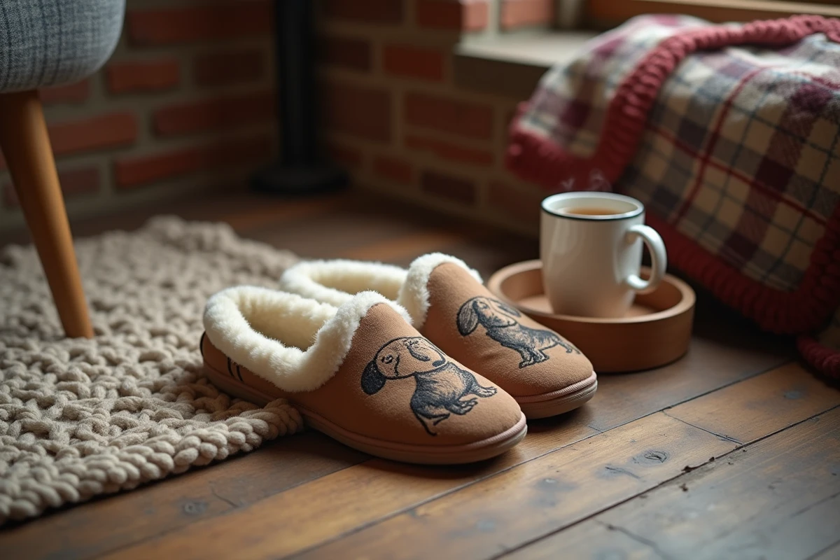 Chaussons teckel fourrés posés sur un plancher en bois rustique avec une tasse de thé, ambiance hiver cosy