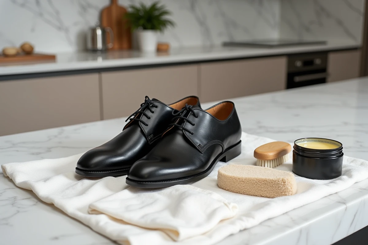 Chaussures derby en cuir noir posées sur un tissu blanc avec des produits de cirage sur un comptoir en marbre
