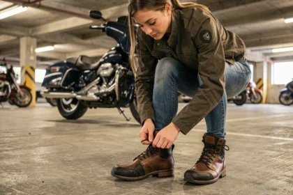 Femme motarde vérifiant ses chaussures moto certifiées avec protection des chevilles dans un parking urbain