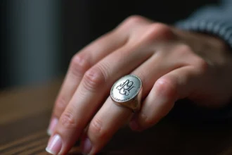 Chevalière homme en argent avec initiales gravées portée à l'auriculaire, vue macro sur le détail de la gravure