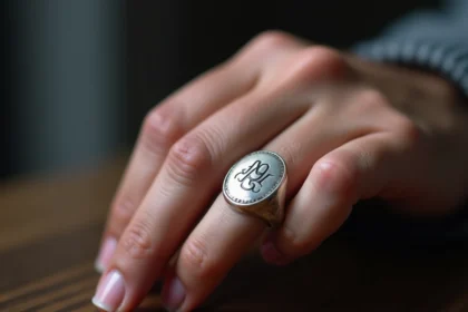 Chevalière homme en argent avec initiales gravées portée à l'auriculaire, vue macro sur le détail de la gravure
