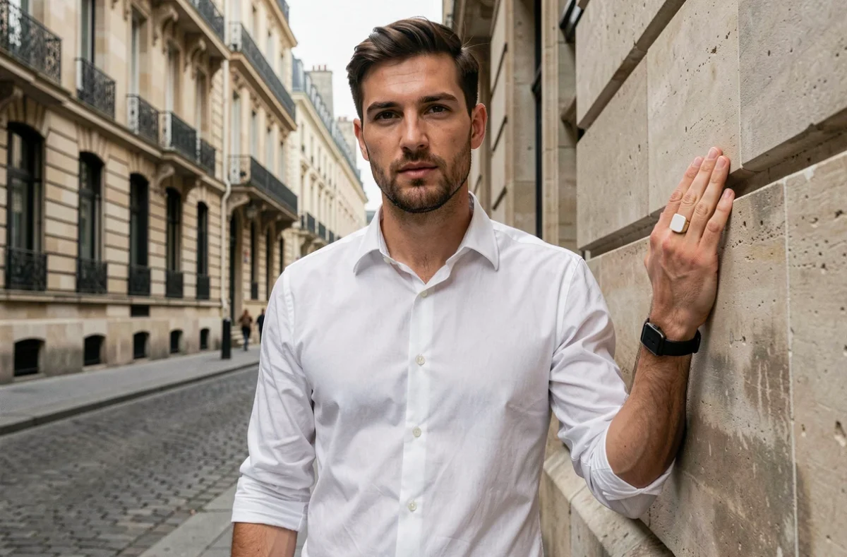 Jeune homme élégant arborant une chevalière en or blanc minimaliste devant une façade haussmannienne à Paris
