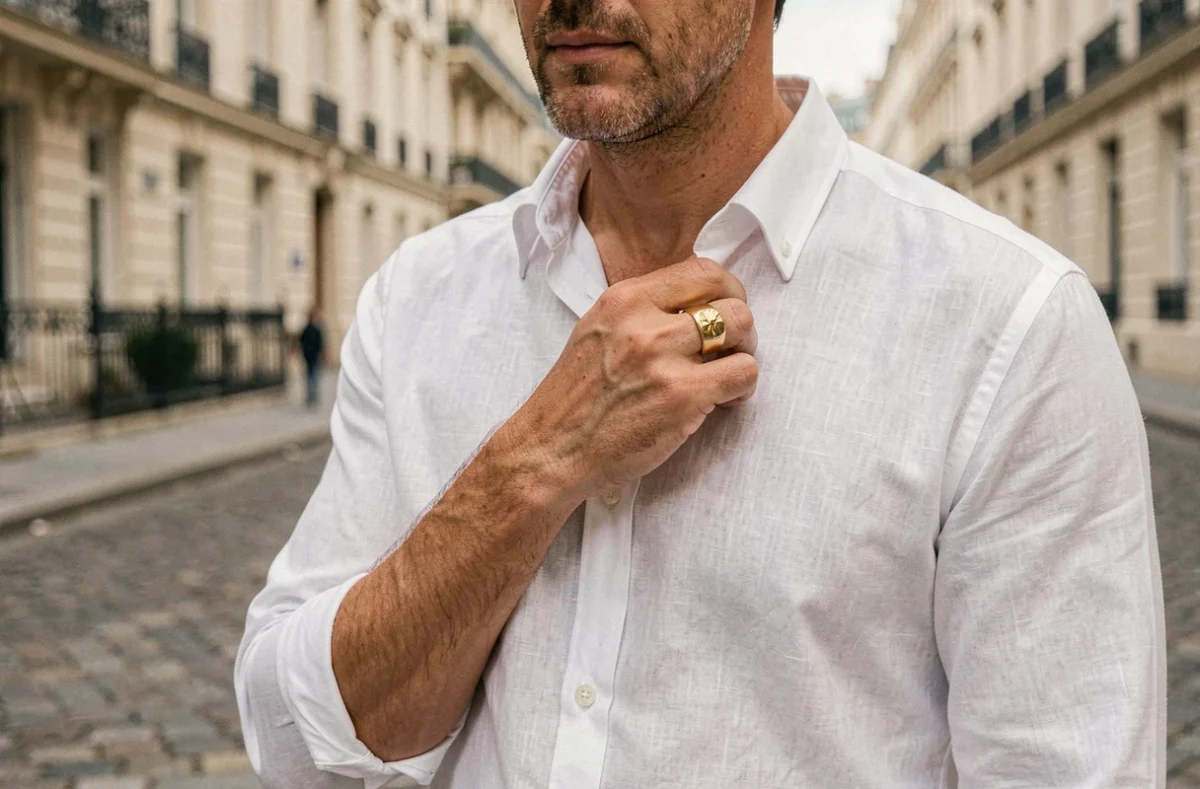 Homme élégant en chemise blanche portant une chevalière en or brossé dans une rue pavée parisienne
