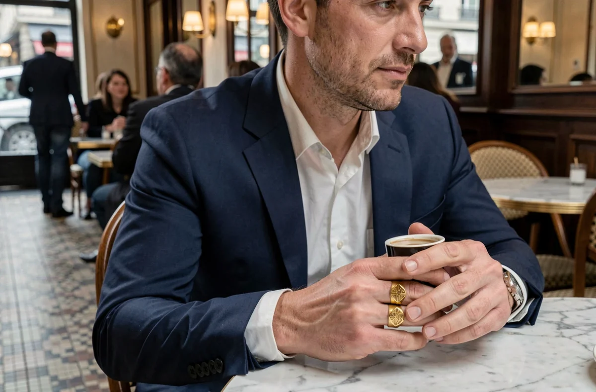 Homme en costume bleu marine avec une chevalière en or gravée d'un monogramme, attablé dans un café parisien raffiné