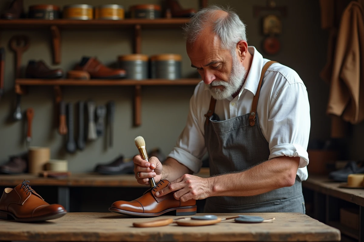 Homme cirant une chaussure oxford en cuir marron avec une brosse à poils naturels dans un atelier de cordonnier