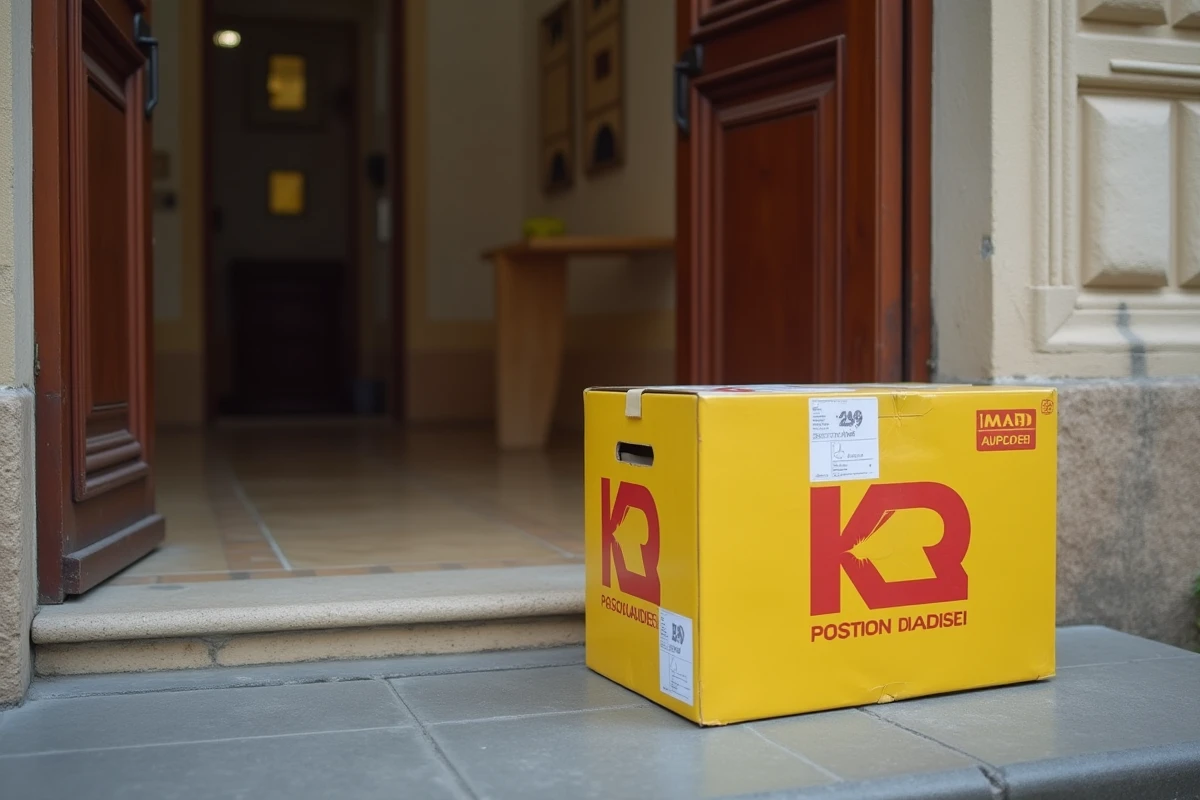 Colis La Poste abandonné devant une porte d'appartement illustrant un problème de livraison bloquée
