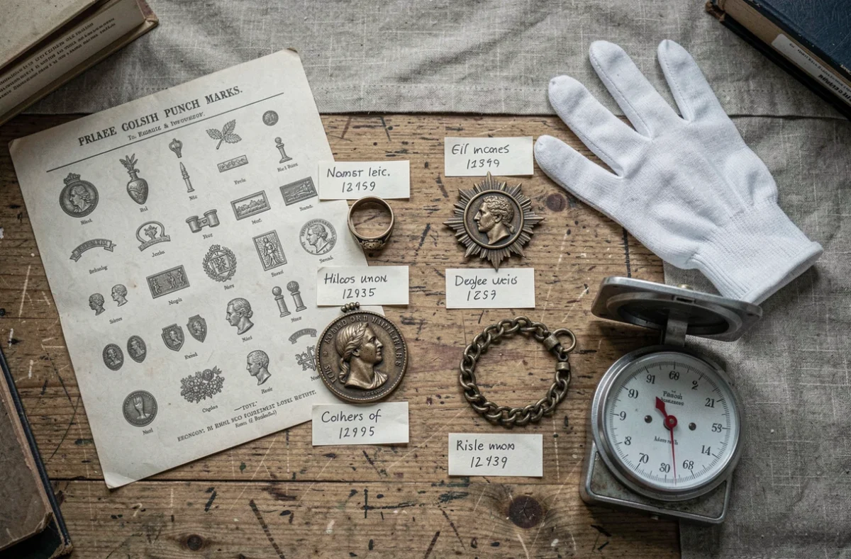 Collection de bijoux anciens avec poinçons régionaux étiquetés et tableau de référence sur table en bois