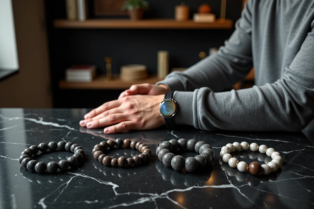 Collection de bracelets en pierres naturelles en différentes tailles de perles pour homme posés sur marbre noir