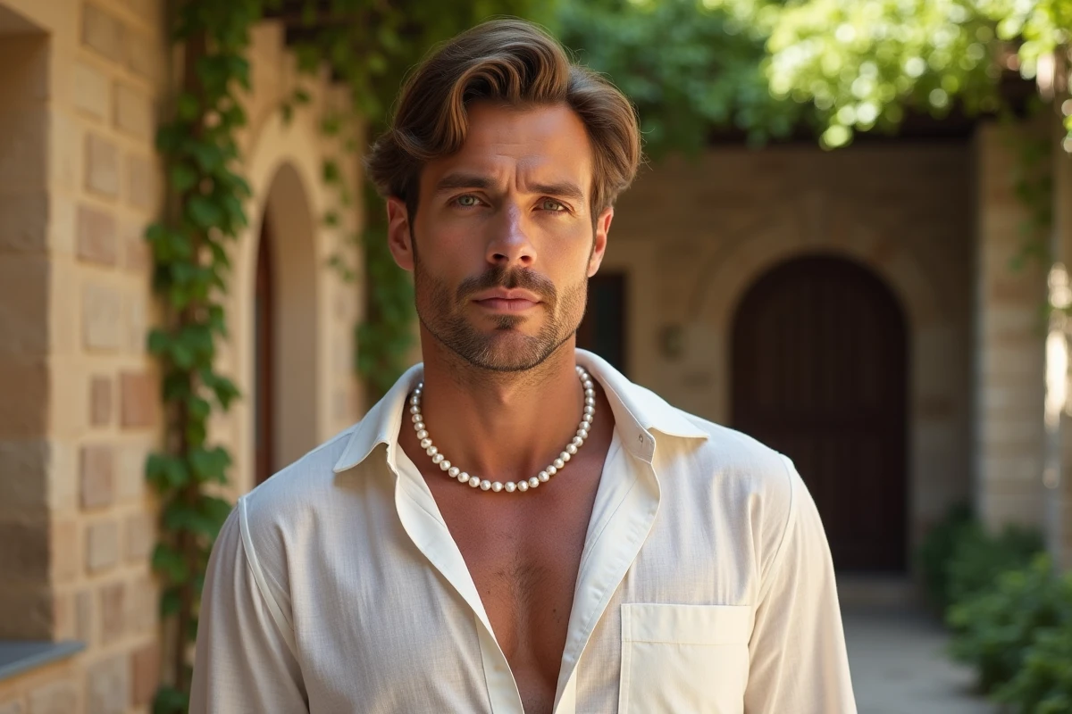 Homme élégant portant un collier de perles de culture sur une chemise en lin dans une cour méditerranéenne
