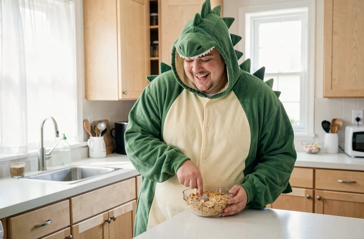 Homme grande taille en combinaison pyjama dinosaure vert préparant son petit-déjeuner dans une cuisine moderne